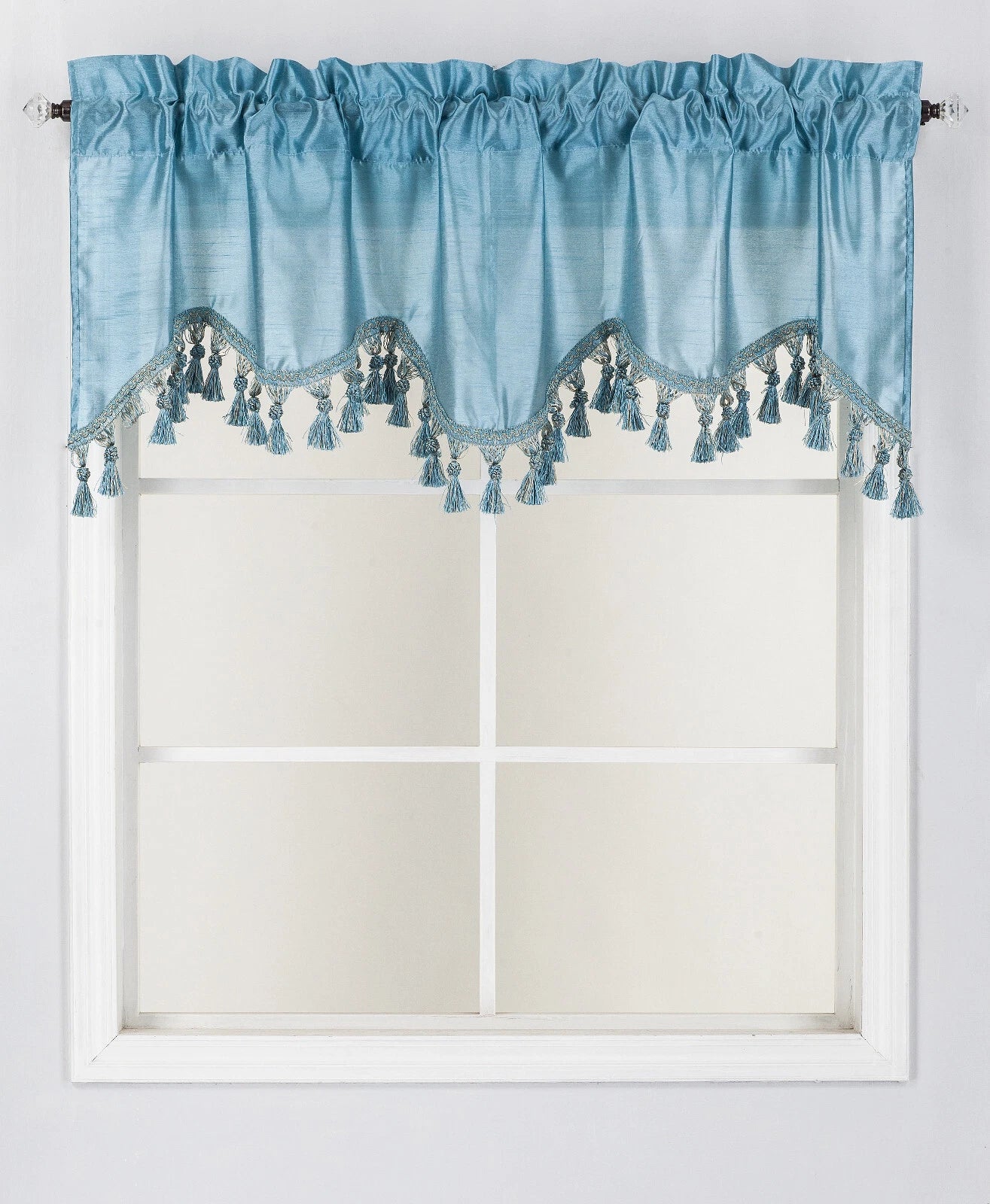 1-Piece Wave Valance with Bead-Trim Tassels, Semi-Sheer Light-Filtering, Rod Pocket, Tailored for Kitchen and Living Room Décor Brown Color, 52" Wide x 18" Length."