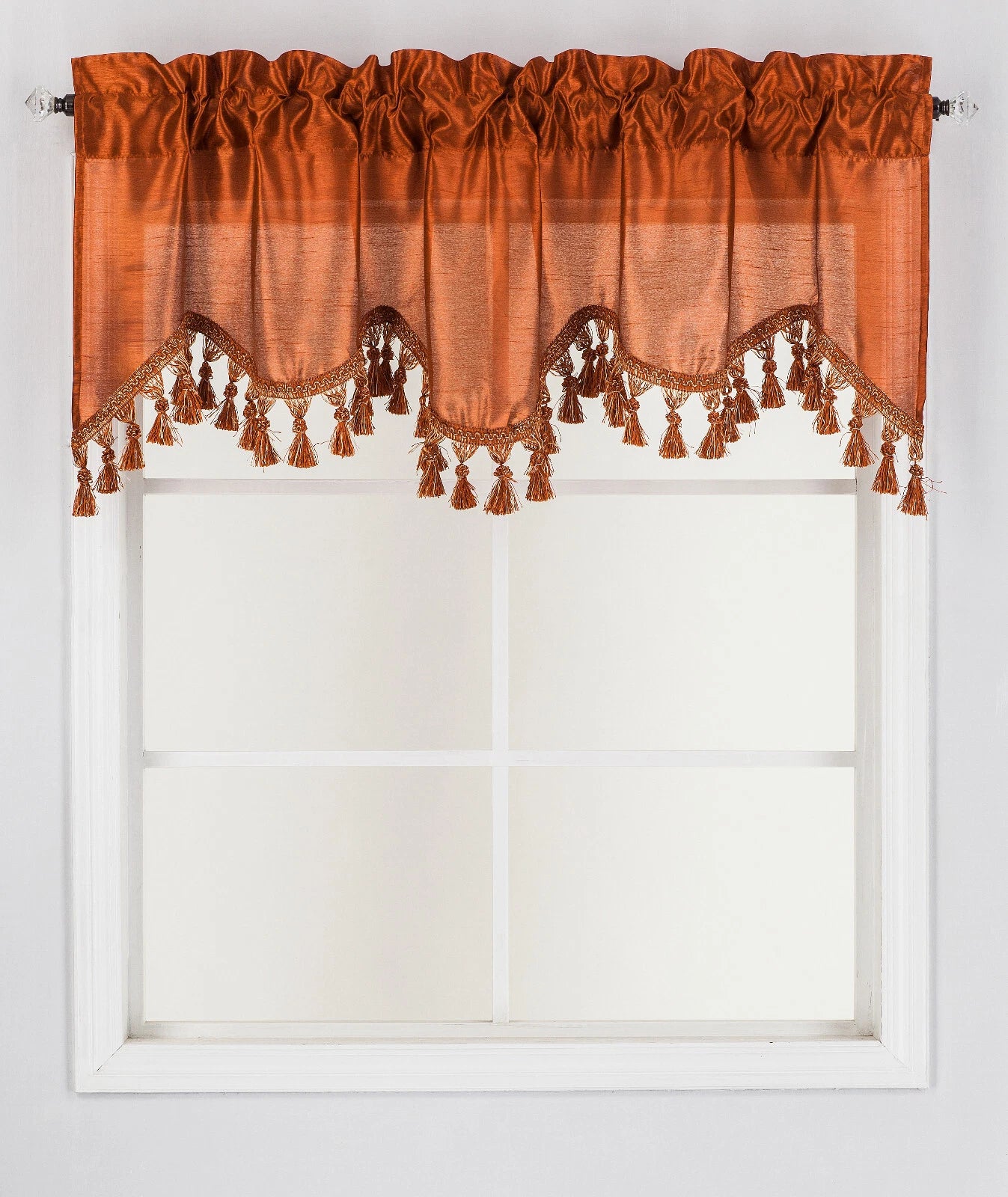 1-Piece Wave Valance with Bead-Trim Tassels, Semi-Sheer Light-Filtering, Rod Pocket, Tailored for Kitchen and Living Room Décor Brown Color, 52" Wide x 18" Length."