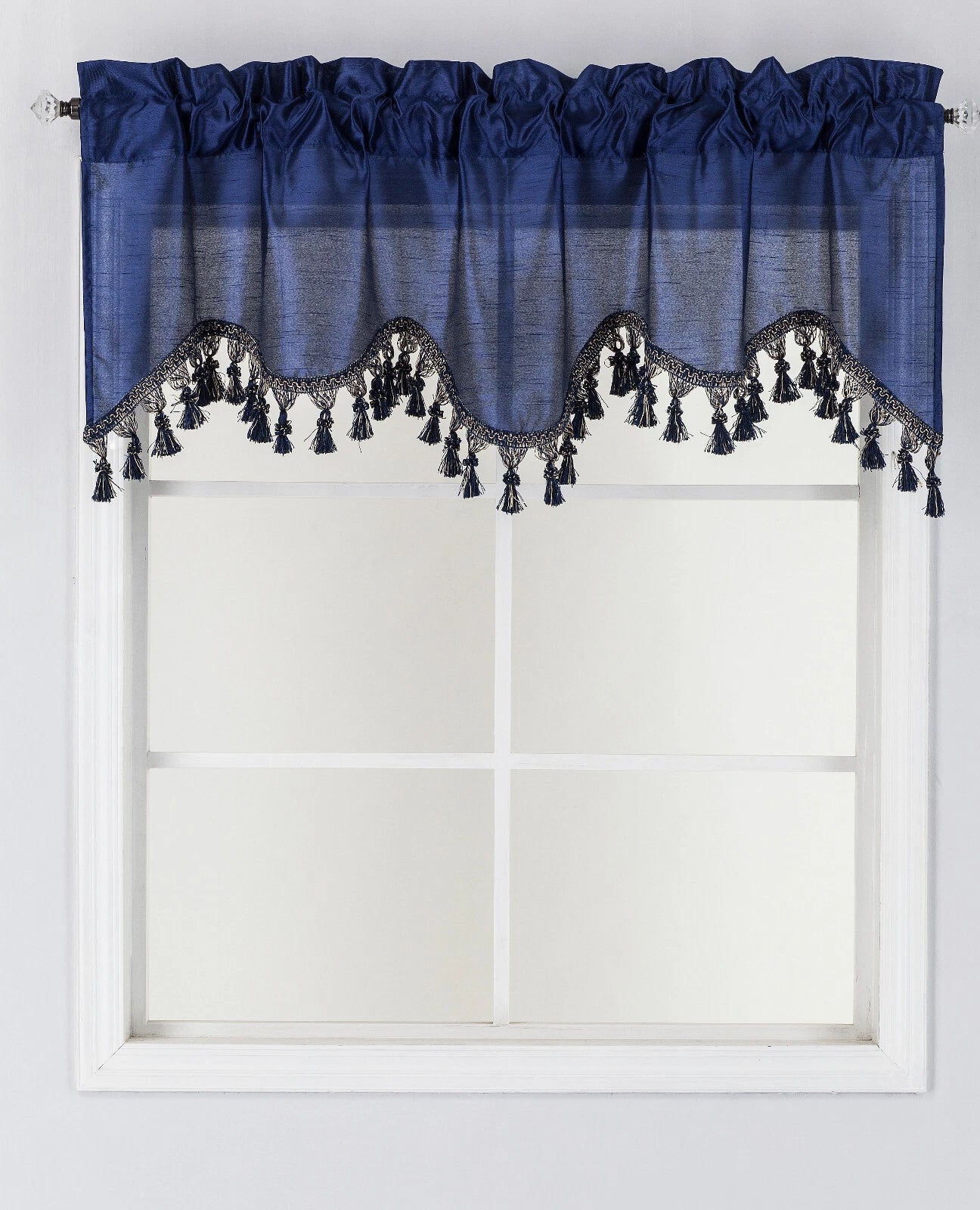 1-Piece Wave Valance with Bead-Trim Tassels, Semi-Sheer Light-Filtering, Rod Pocket, Tailored for Kitchen and Living Room Décor Brown Color, 52" Wide x 18" Length."