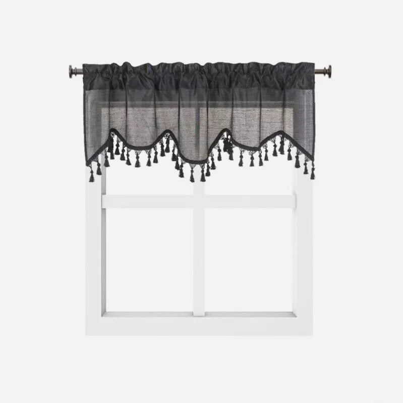 1-Piece Wave Valance with Bead-Trim Tassels, Semi-Sheer Light-Filtering, Rod Pocket, Tailored for Kitchen and Living Room Décor Brown Color, 52" Wide x 18" Length."
