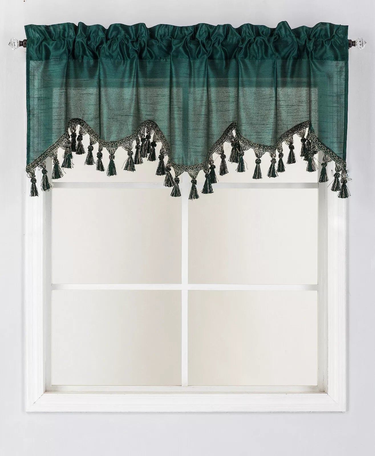 1-Piece Wave Valance with Bead-Trim Tassels, Semi-Sheer Light-Filtering, Rod Pocket, Tailored for Kitchen and Living Room Décor Brown Color, 52" Wide x 18" Length."