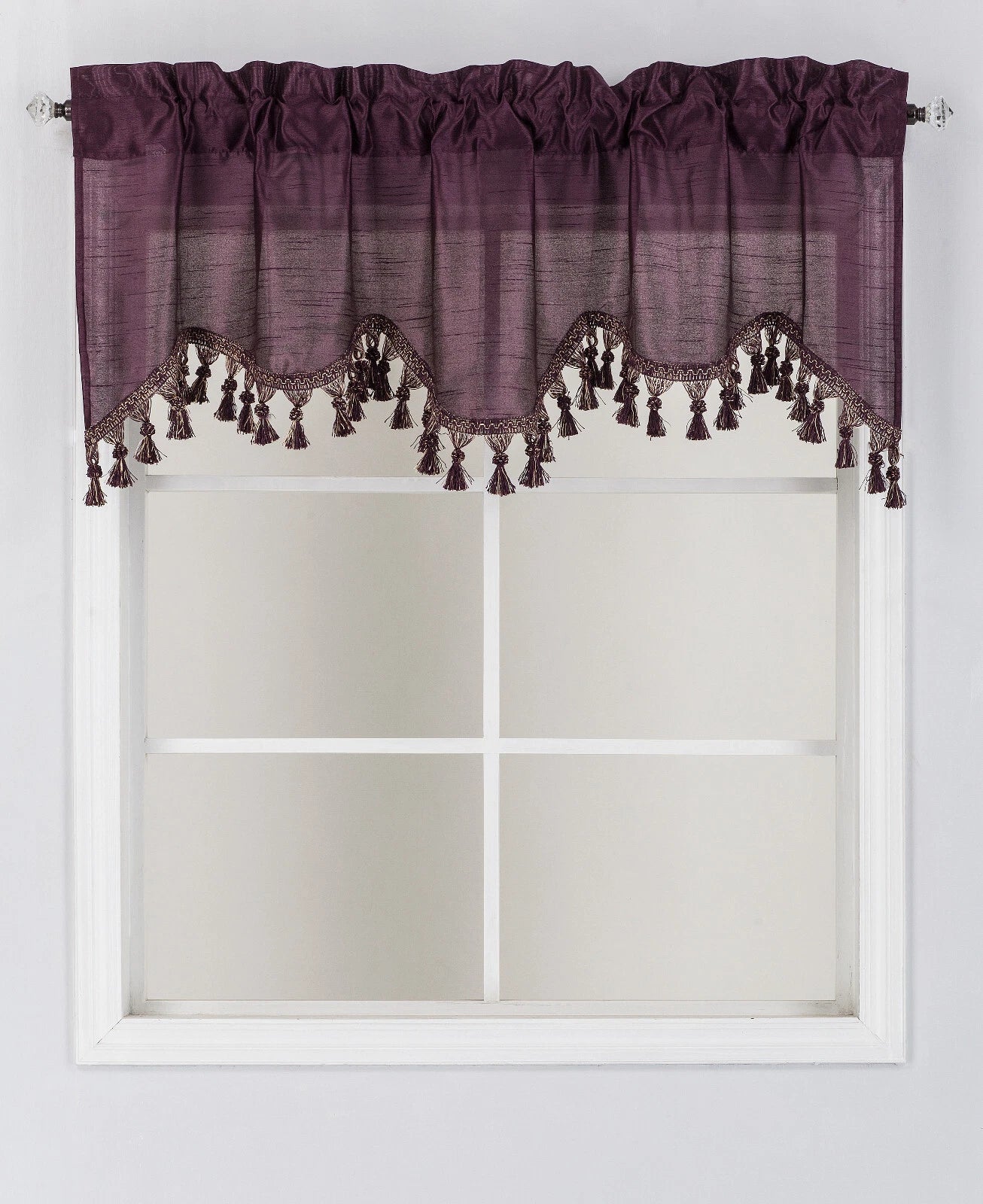 1-Piece Wave Valance with Bead-Trim Tassels, Semi-Sheer Light-Filtering, Rod Pocket, Tailored for Kitchen and Living Room Décor Brown Color, 52" Wide x 18" Length."
