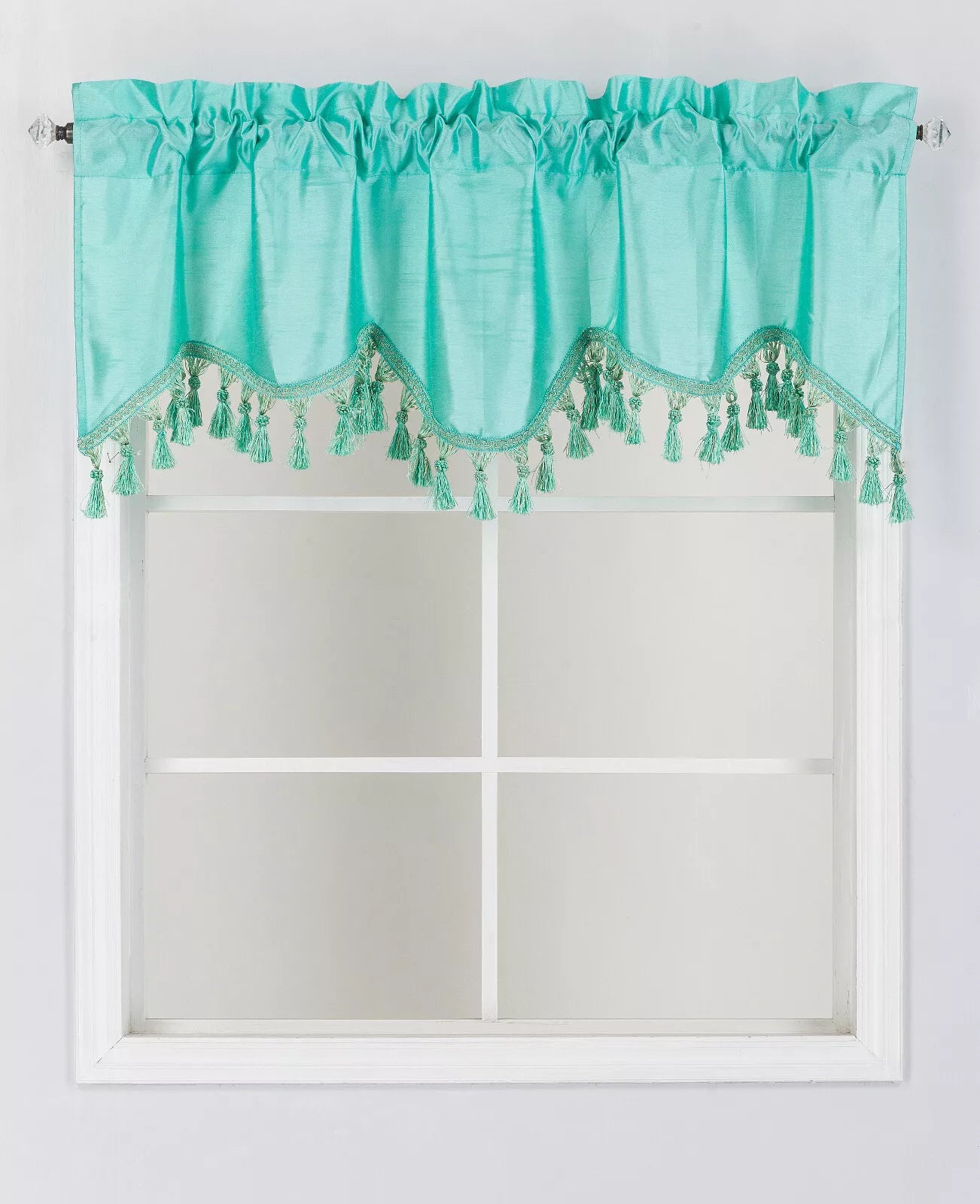 1-Piece Wave Valance with Bead-Trim Tassels, Semi-Sheer Light-Filtering, Rod Pocket, Tailored for Kitchen and Living Room Décor Brown Color, 52" Wide x 18" Length."