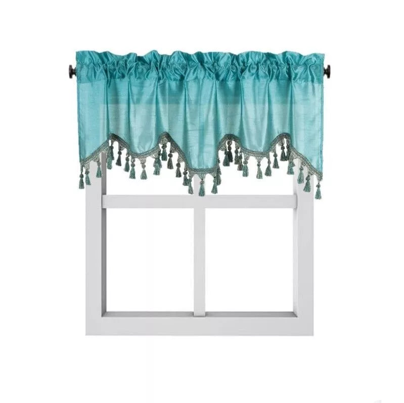 1-Piece Wave Valance with Bead-Trim Tassels, Semi-Sheer Light-Filtering, Rod Pocket, Tailored for Kitchen and Living Room Décor Brown Color, 52" Wide x 18" Length."