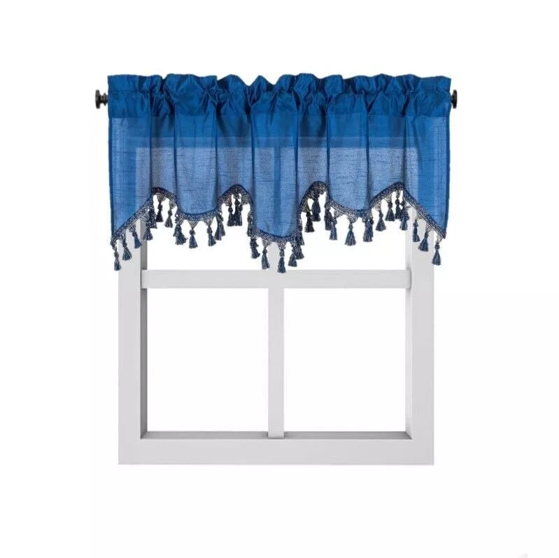 1-Piece Wave Valance with Bead-Trim Tassels, Semi-Sheer Light-Filtering, Rod Pocket, Tailored for Kitchen and Living Room Décor Brown Color, 52" Wide x 18" Length."