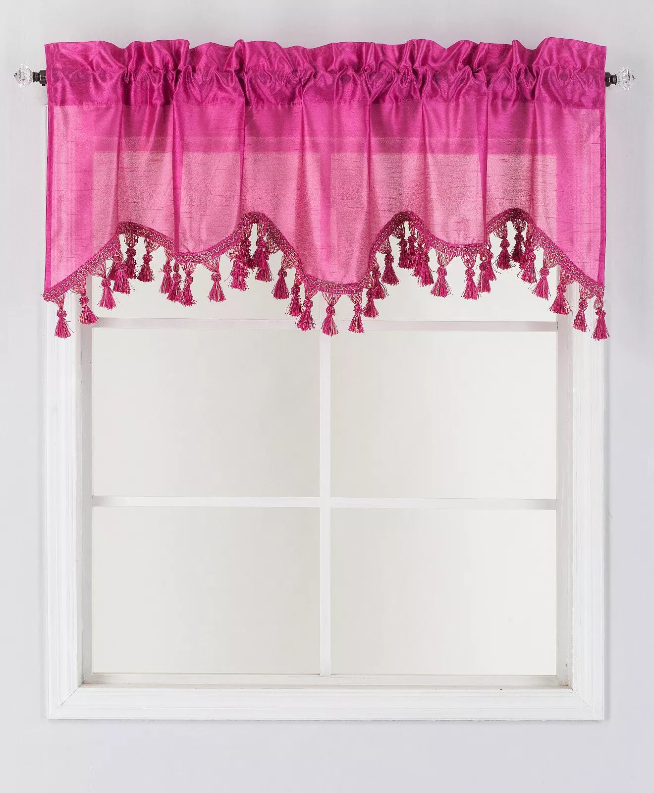 1-Piece Wave Valance with Bead-Trim Tassels, Semi-Sheer Light-Filtering, Rod Pocket, Tailored for Kitchen and Living Room Décor Brown Color, 52" Wide x 18" Length."