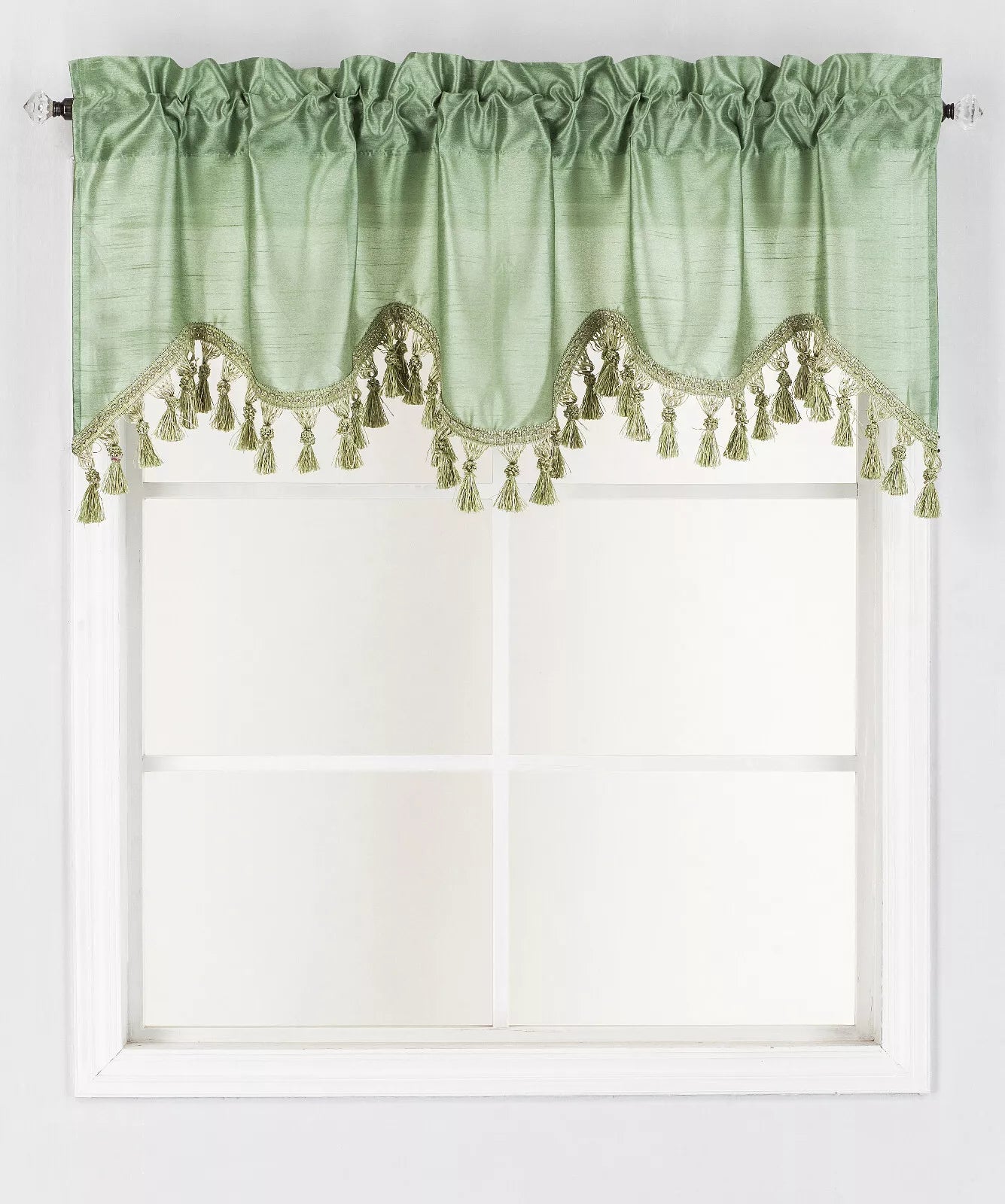 1-Piece Wave Valance with Bead-Trim Tassels, Semi-Sheer Light-Filtering, Rod Pocket, Tailored for Kitchen and Living Room Décor Brown Color, 52" Wide x 18" Length."