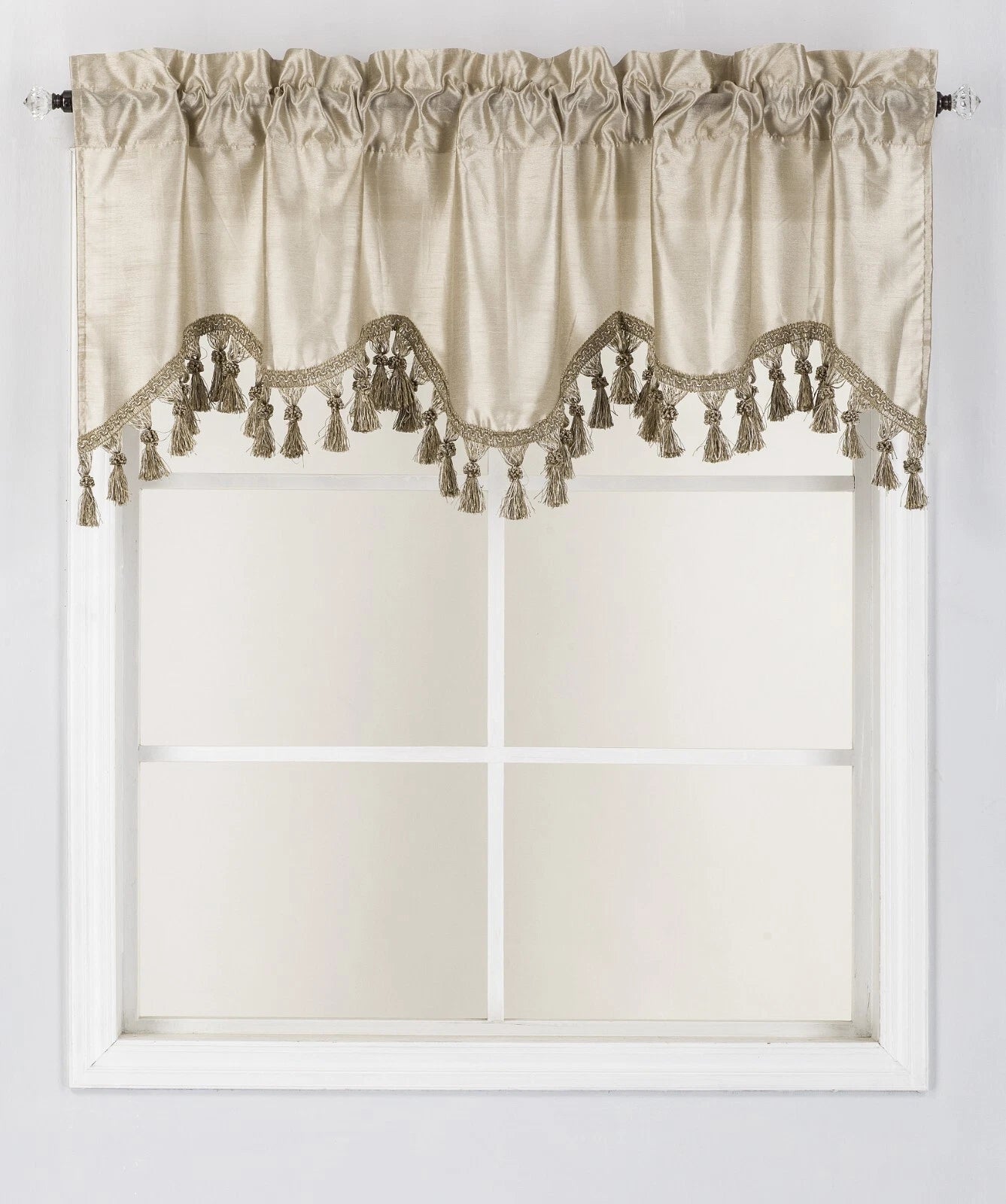 1-Piece Wave Valance with Bead-Trim Tassels, Semi-Sheer Light-Filtering, Rod Pocket, Tailored for Kitchen and Living Room Décor Brown Color, 52" Wide x 18" Length."