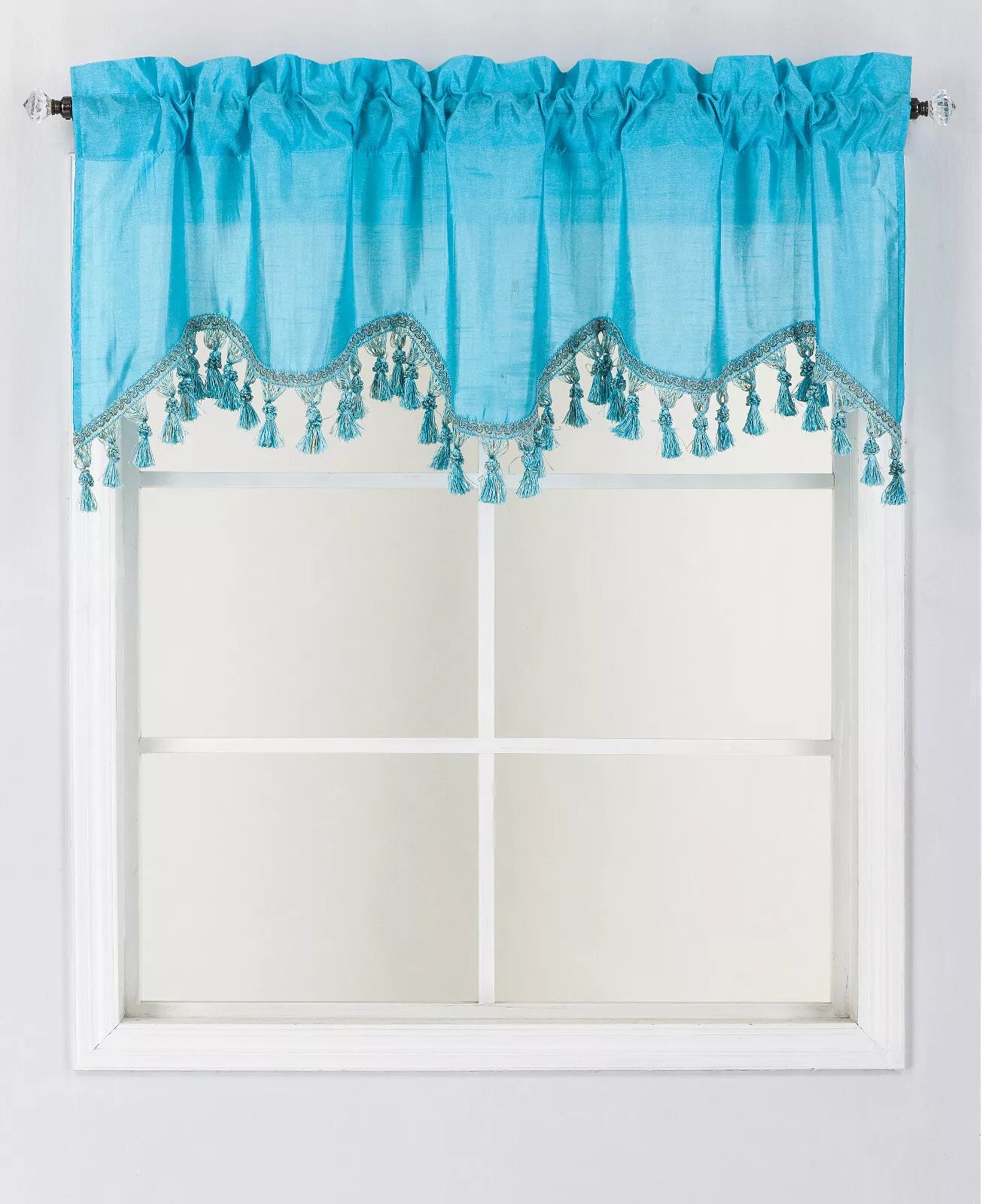 1-Piece Wave Valance with Bead-Trim Tassels, Semi-Sheer Light-Filtering, Rod Pocket, Tailored for Kitchen and Living Room Décor Brown Color, 52" Wide x 18" Length."