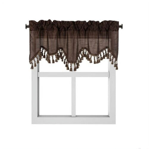 1-Piece Wave Valance with Bead-Trim Tassels, Semi-Sheer Light-Filtering, Rod Pocket, Tailored for Kitchen and Living Room Décor Brown Color, 52" Wide x 18" Length."