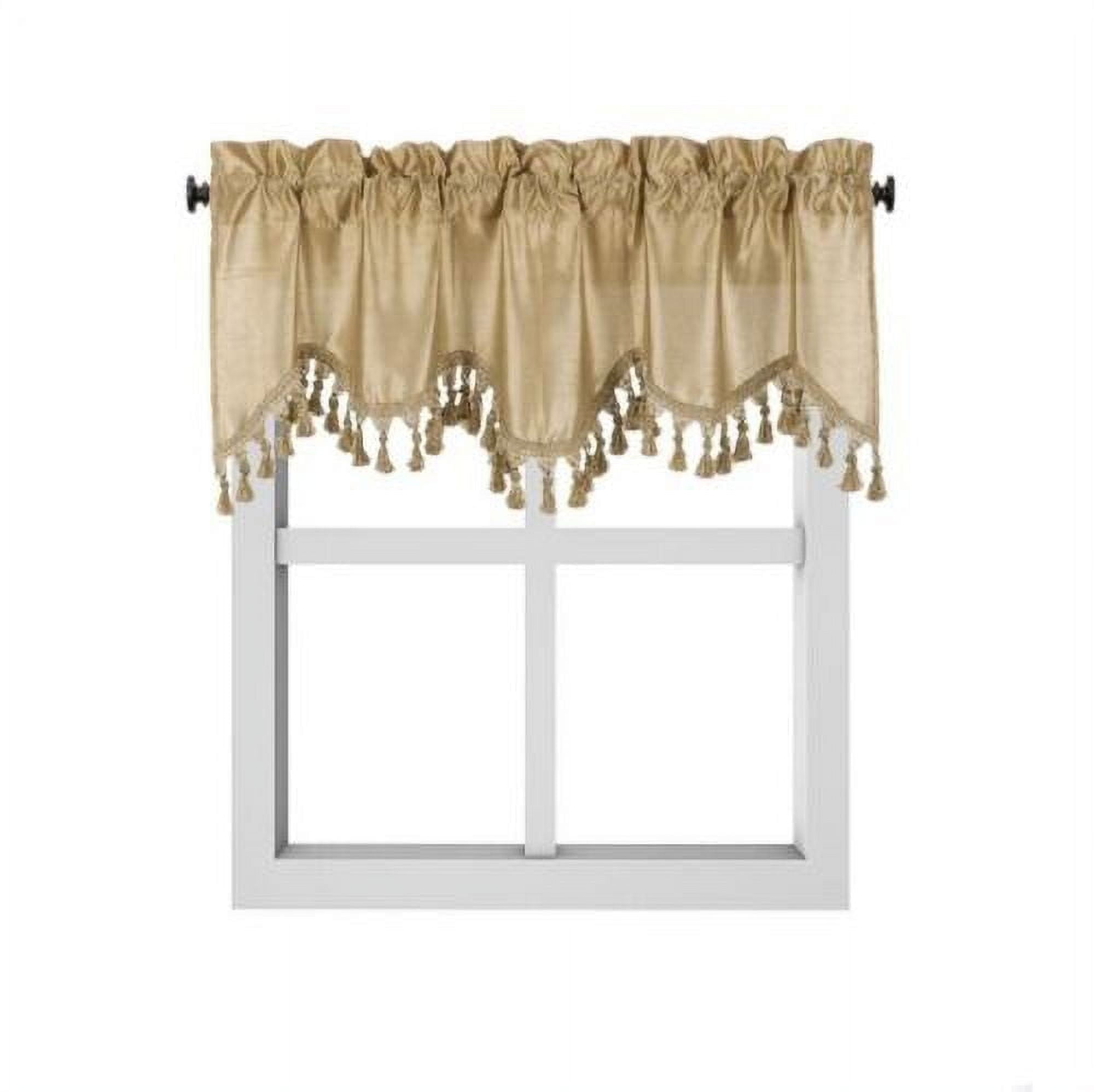 1-Piece Wave Valance with Bead-Trim Tassels, Semi-Sheer Light-Filtering, Rod Pocket, Tailored for Kitchen and Living Room Décor Brown Color, 52" Wide x 18" Length."