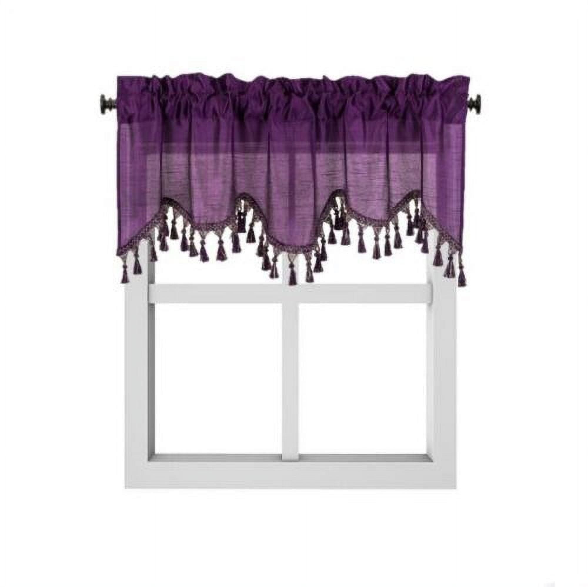 1-Piece Wave Valance with Bead-Trim Tassels, Semi-Sheer Light-Filtering, Rod Pocket, Tailored for Kitchen and Living Room Décor Brown Color, 52" Wide x 18" Length."