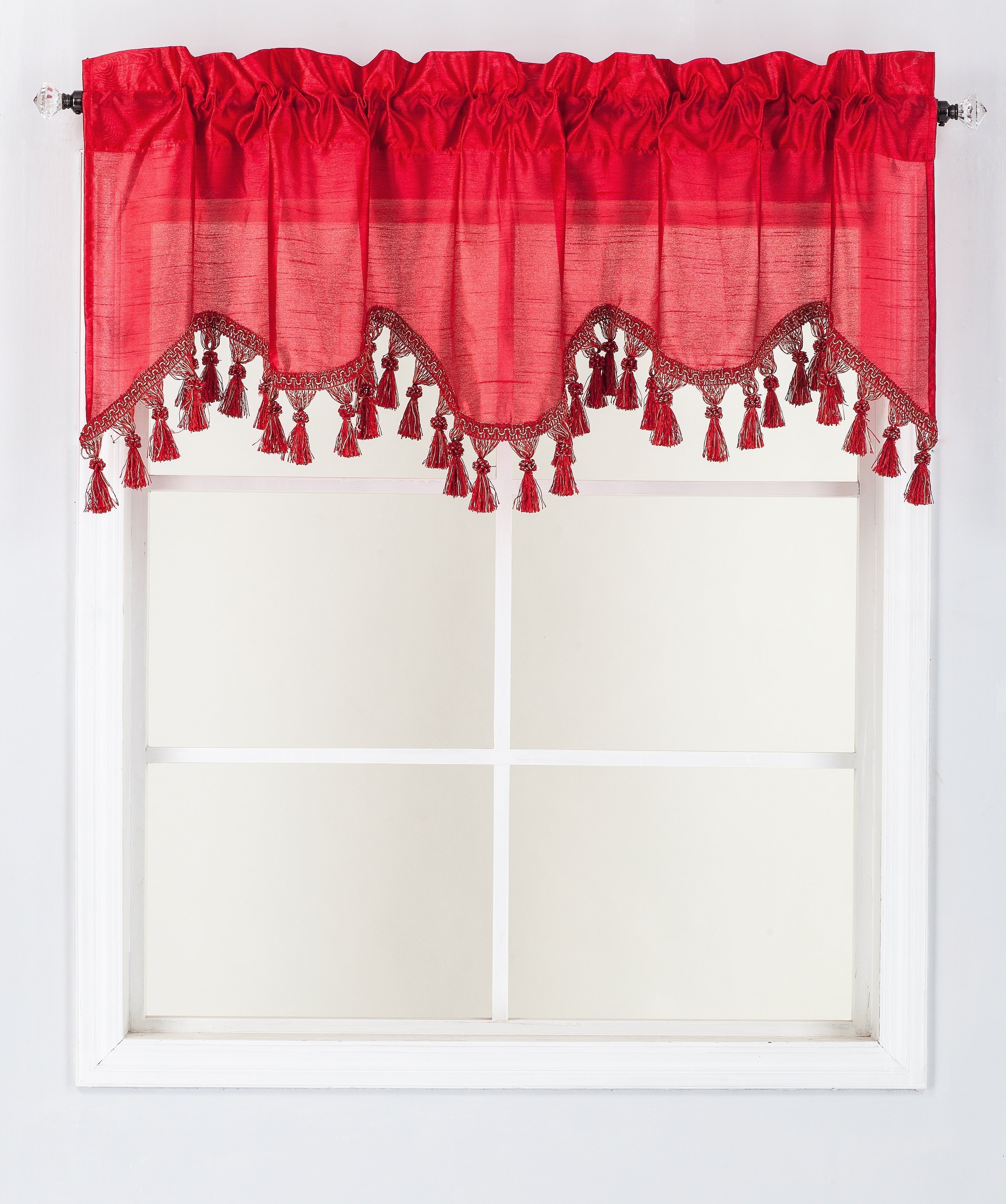 1-Piece Wave Valance with Bead-Trim Tassels, Semi-Sheer Light-Filtering, Rod Pocket, Tailored for Kitchen and Living Room Décor Brown Color, 52" Wide x 18" Length."