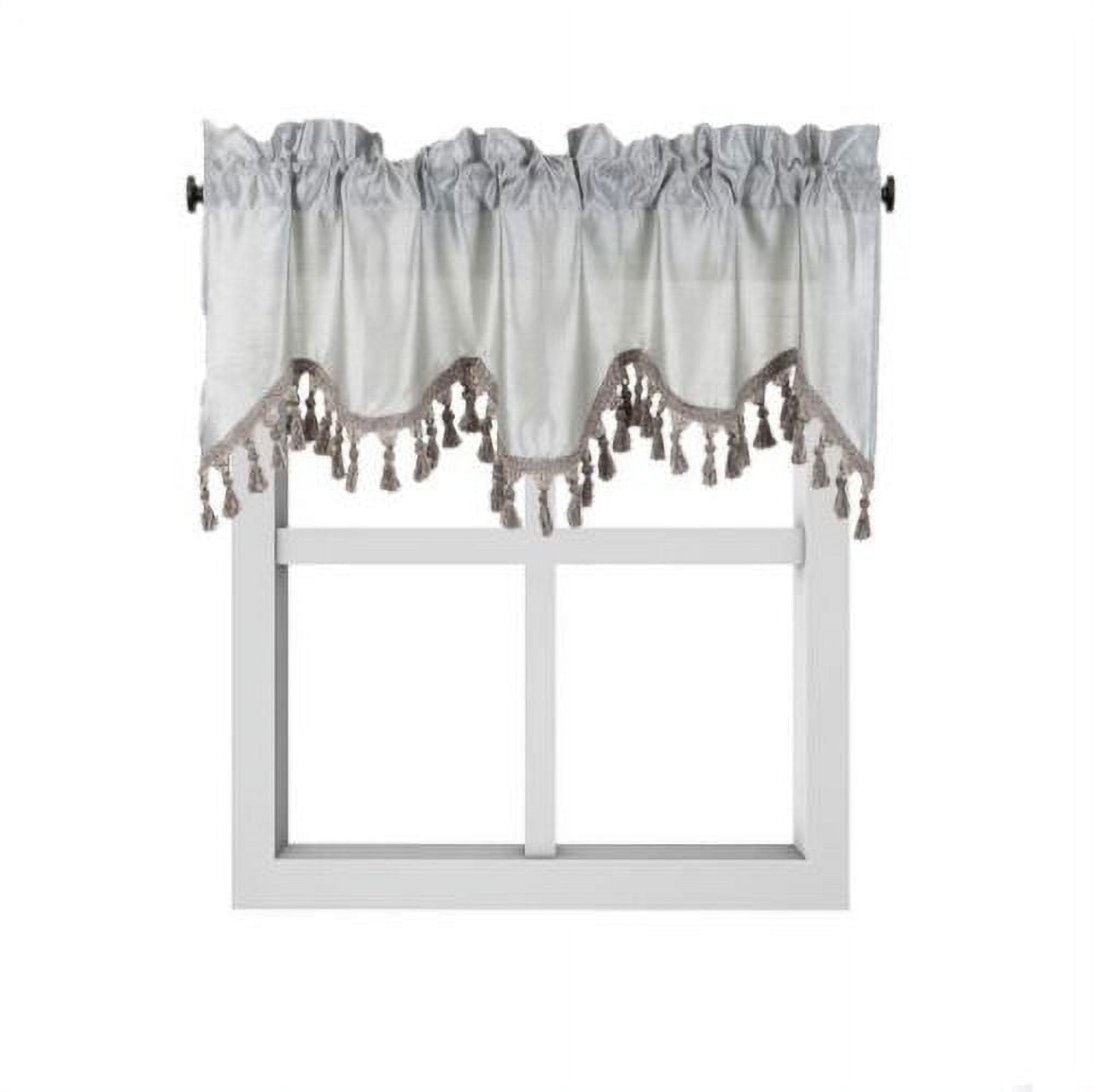 1-Piece Wave Valance with Bead-Trim Tassels, Semi-Sheer Light-Filtering, Rod Pocket, Tailored for Kitchen and Living Room Décor Brown Color, 52" Wide x 18" Length."