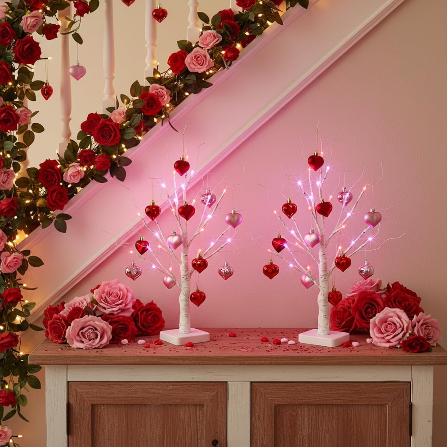 2Pack Valentines Day Decor Lighted Birch Tree with Heart-Shaped Ornaments,USB&Battery Operated Light Up Artificial Tree for Home Indoor Bedroom Wedding Party Valentines Day Decoration