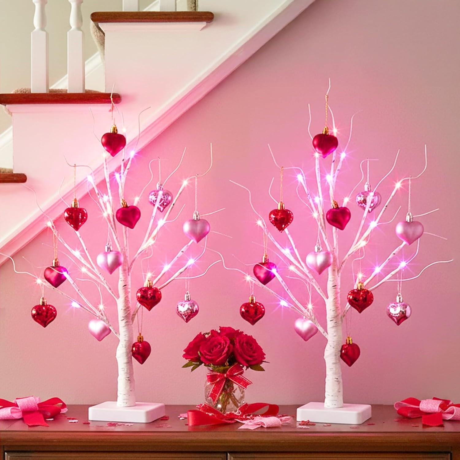 2Pack Valentines Day Decor Lighted Birch Tree with Heart-Shaped Ornaments,USB&Battery Operated Light Up Artificial Tree for Home Indoor Bedroom Wedding Party Valentines Day Decoration