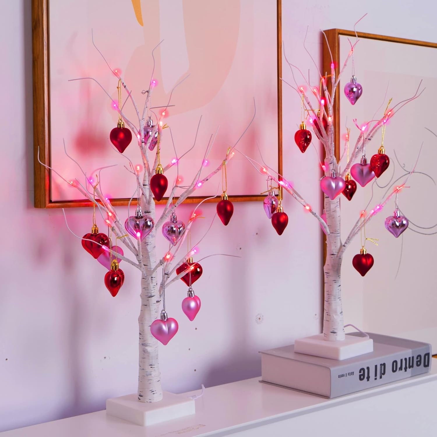 2Pack Valentines Day Decor Lighted Birch Tree with Heart-Shaped Ornaments,USB&Battery Operated Light Up Artificial Tree for Home Indoor Bedroom Wedding Party Valentines Day Decoration
