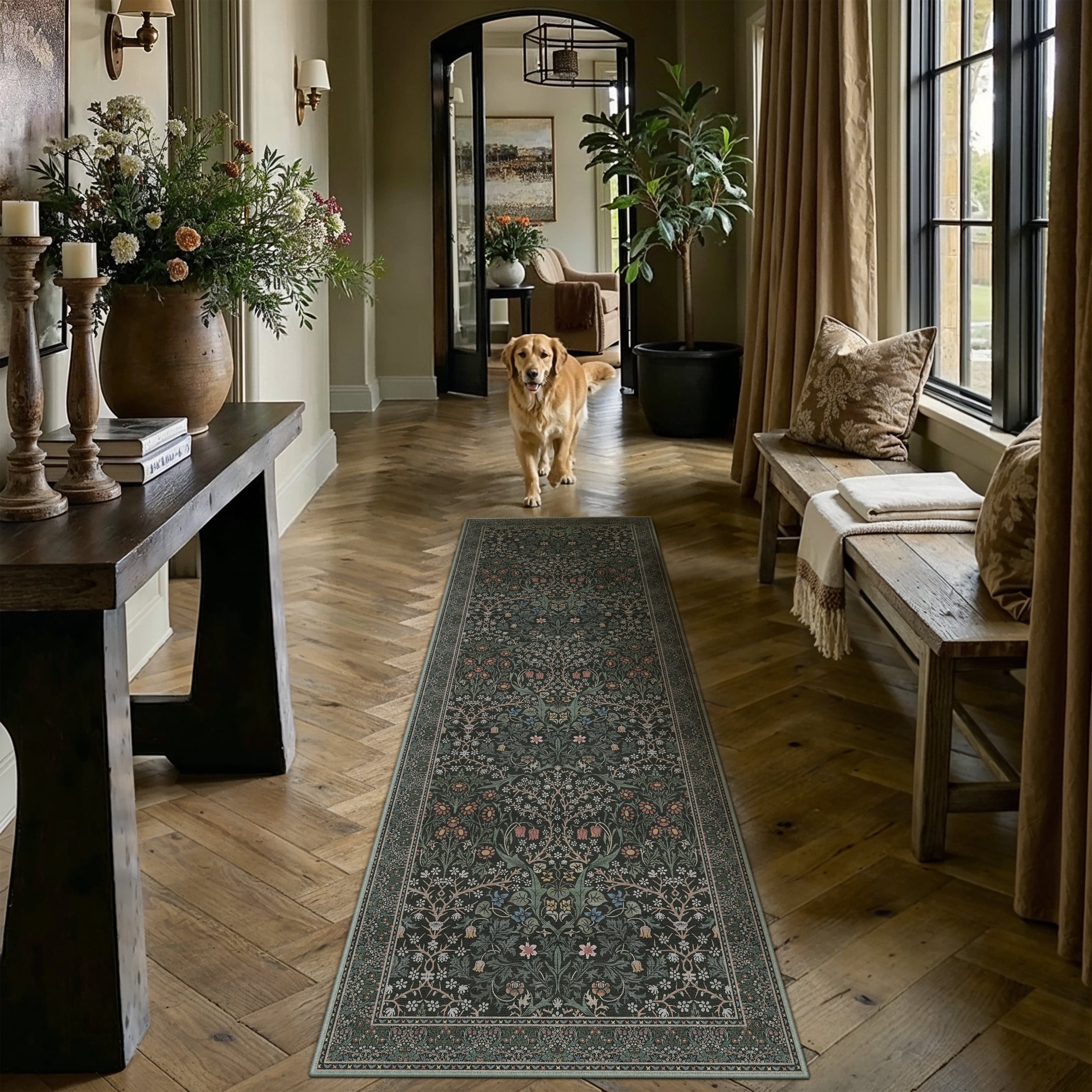 BERTHMEER 2'x6' Washable Runner Rugs for Hallway Bathroom Bedroom Entryway Kitchen Non Slip Vintage Oriental Traditional Distressed Indoor Runner Rugs,Deep Green