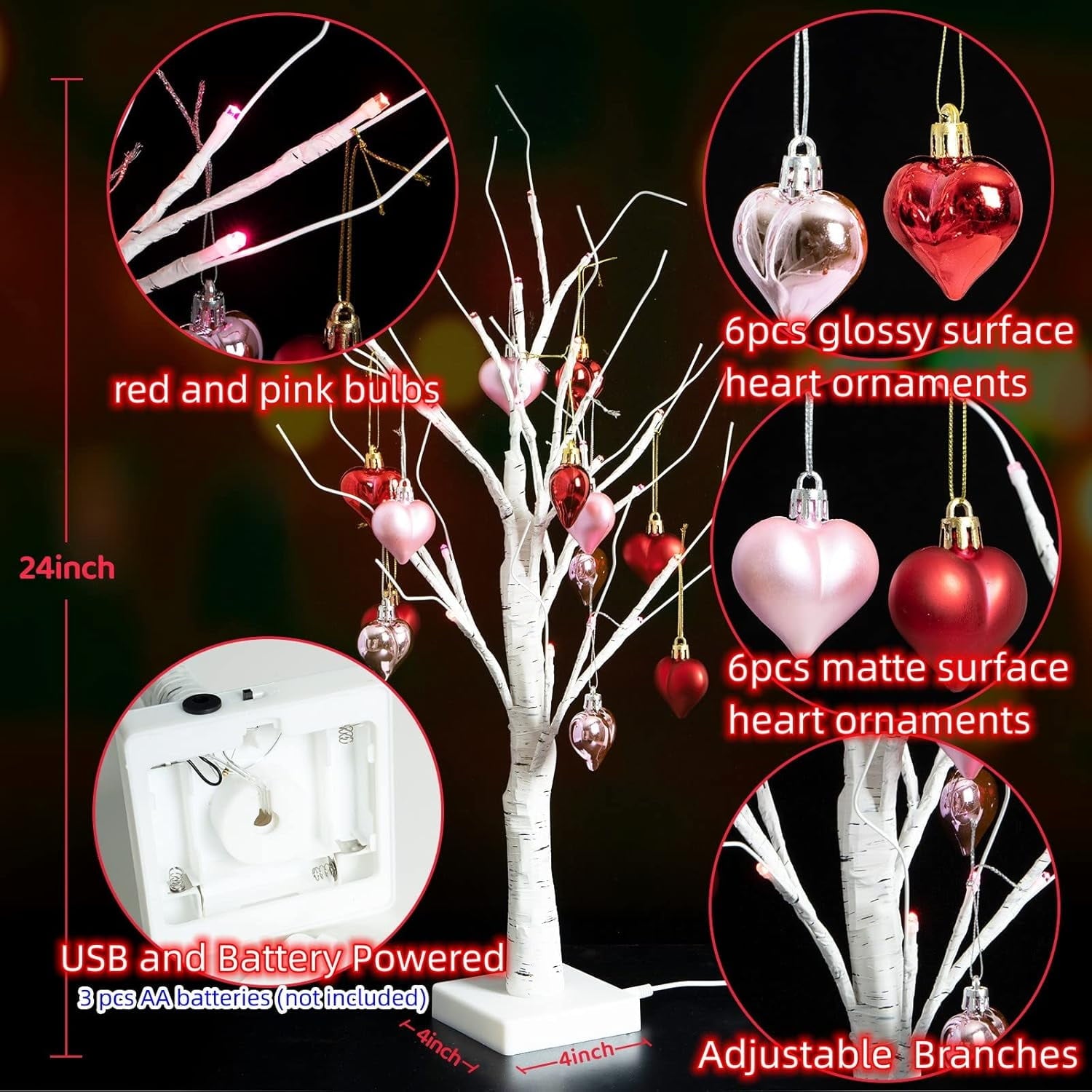 2Pack Valentines Day Decor Lighted Birch Tree with Heart-Shaped Ornaments,USB&Battery Operated Light Up Artificial Tree for Home Indoor Bedroom Wedding Party Valentines Day Decoration