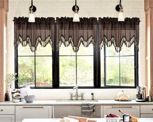 1-Piece Wave Valance with Bead-Trim Tassels, Semi-Sheer Light-Filtering, Rod Pocket, Tailored for Kitchen and Living Room Décor Brown Color, 52" Wide x 18" Length."