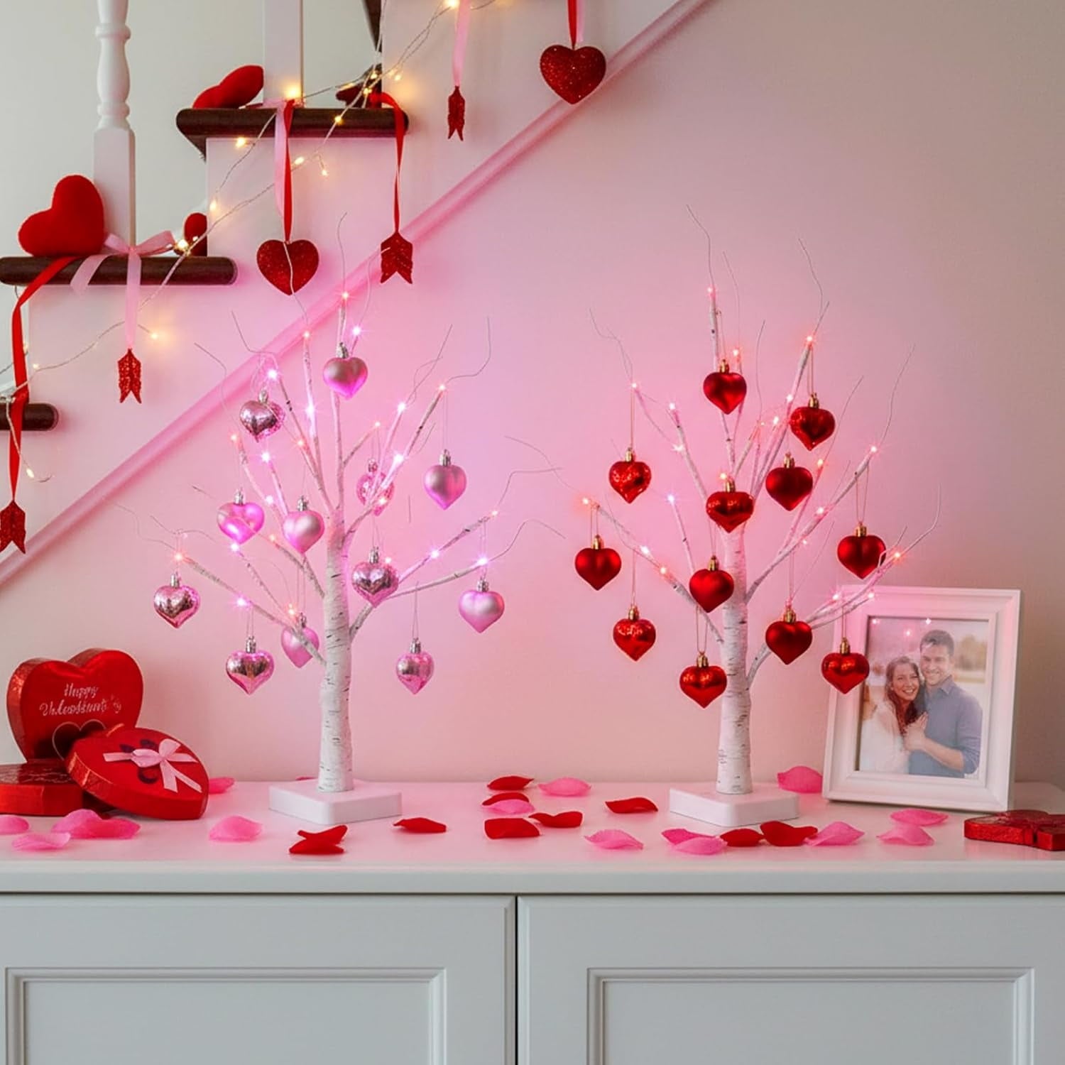 2Pack Valentines Day Decor Lighted Birch Tree with Heart-Shaped Ornaments,USB&Battery Operated Light Up Artificial Tree for Home Indoor Bedroom Wedding Party Valentines Day Decoration