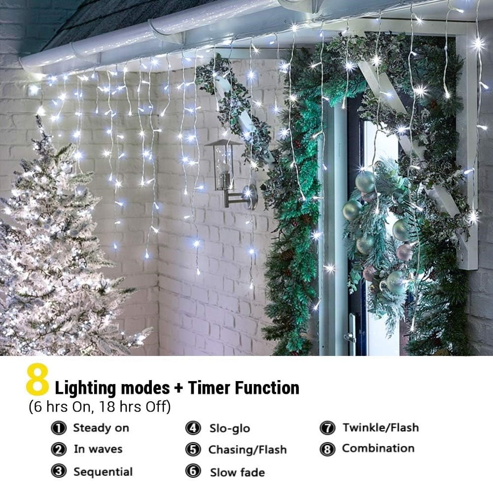 360 LED Christmas Icicle Lights, 29.5 FT 8 Modes Curtain Fairy Icicle String Lights with 60 Drops, Led Christmas Twinkle Lights for Holiday, Party, Wedding, Eaves, Christmas Decorations, White